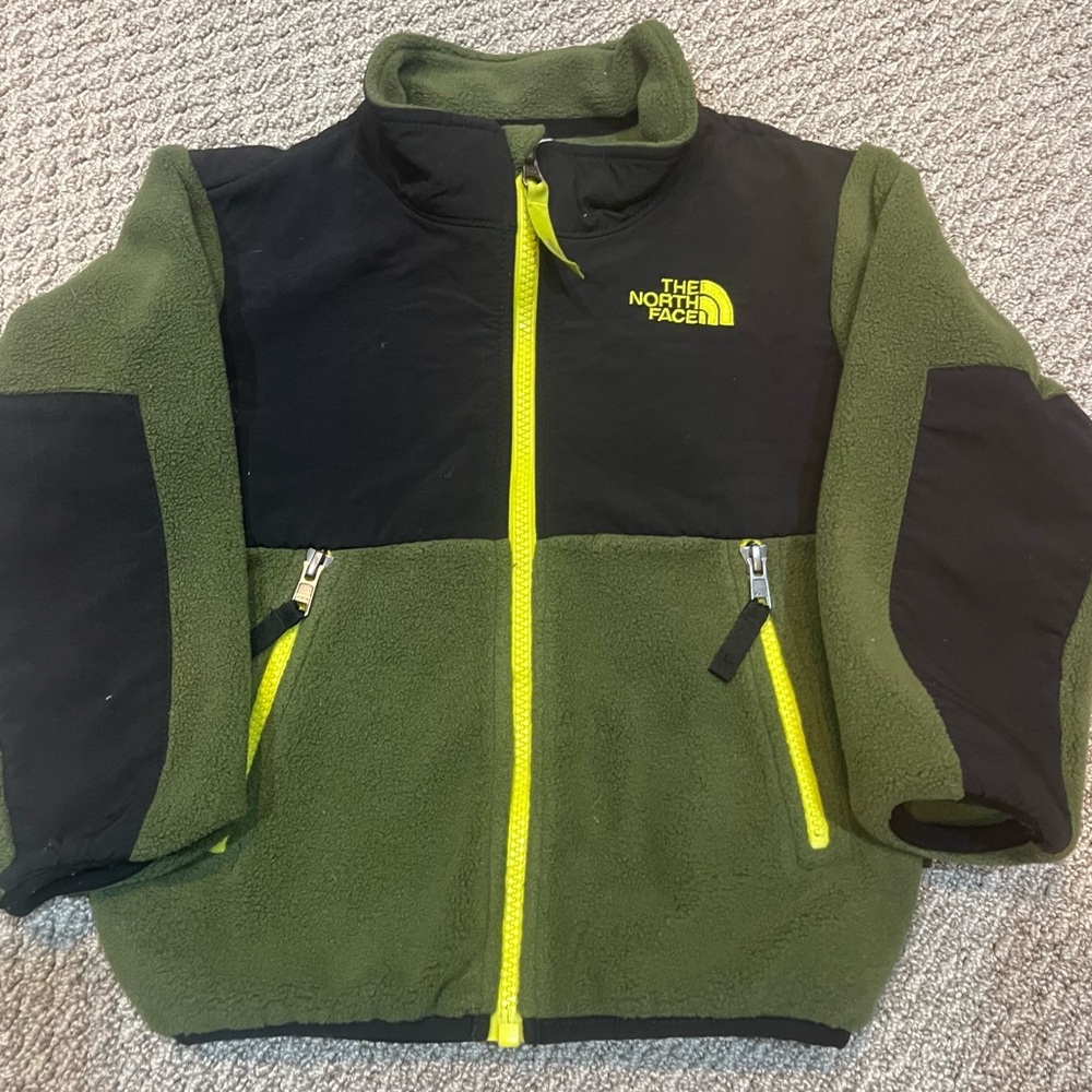 The North Face Boys Olive and Black Fleece Jacket with Yellow Accents- 3t
